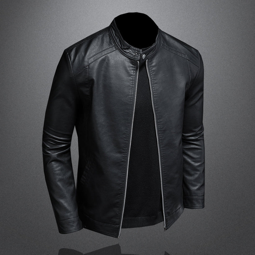 Elegant Black Leather Jacket for Women with Stand Collar Long Sleeve Zip Front Slim Fit Moto Style