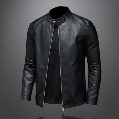 Elegant Black Leather Jacket for Women with Stand Collar Long Sleeve Zip Front Slim Fit Moto Style