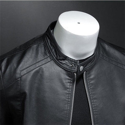 Elegant Black Leather Jacket for Women with Stand Collar Long Sleeve Zip Front Slim Fit Moto Style