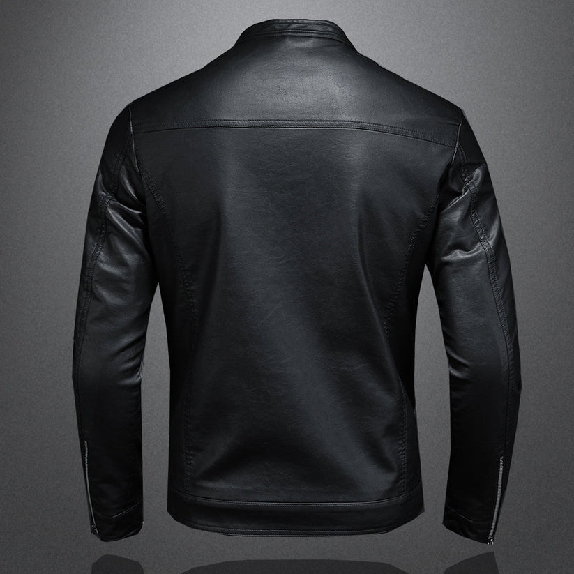Elegant Black Leather Jacket for Women with Stand Collar Long Sleeve Zip Front Slim Fit Moto Style