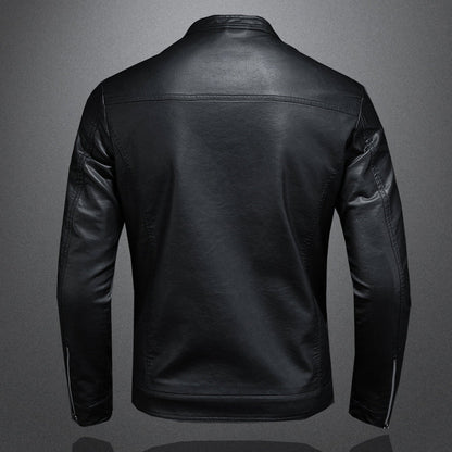 Elegant Black Leather Jacket for Women with Stand Collar Long Sleeve Zip Front Slim Fit Moto Style