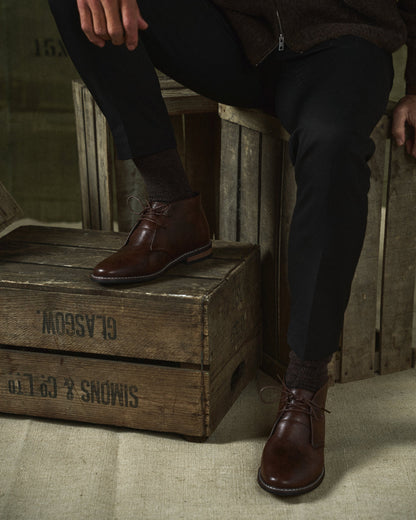 Effortless Dark Brown Leather Chukka Boot for Women with Lace Up Round Toe Stacked Heel Casual Style
