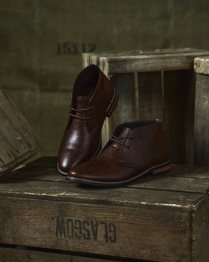 Effortless Dark Brown Leather Chukka Boot for Women with Lace Up Round Toe Stacked Heel Casual Style
