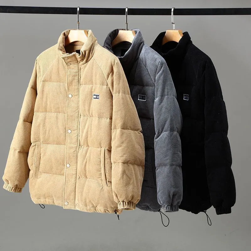 Comfortable Corduroy Puffer Jacket for Women with Stand Collar Long Sleeve Snap Button Quilted Casual Style