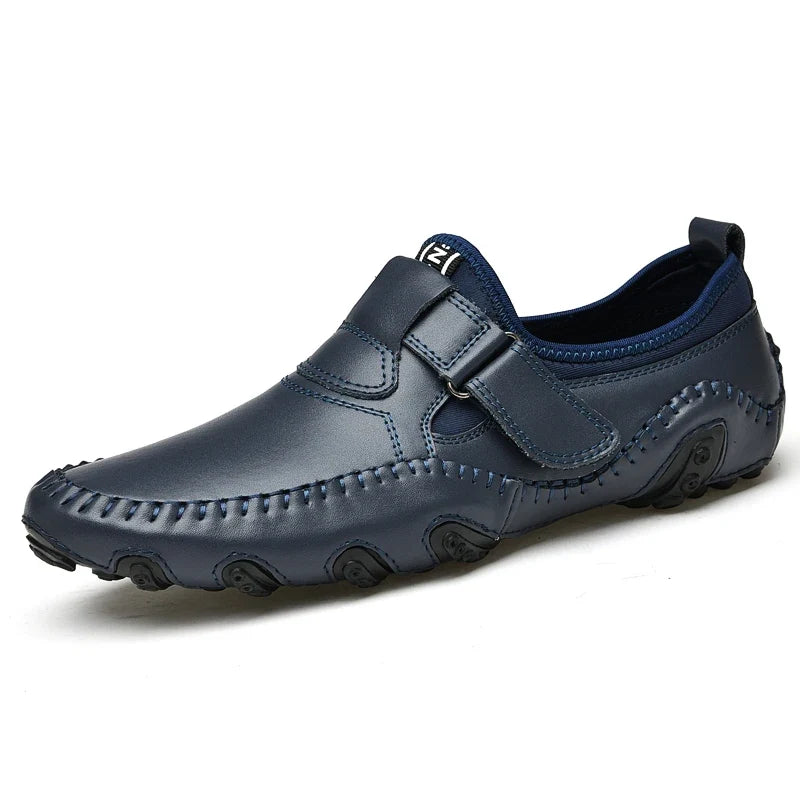 Effortless Leather Driving Loafers for Women with Hook and Loop Strap Hand Stitched Moc Toe Casual Style