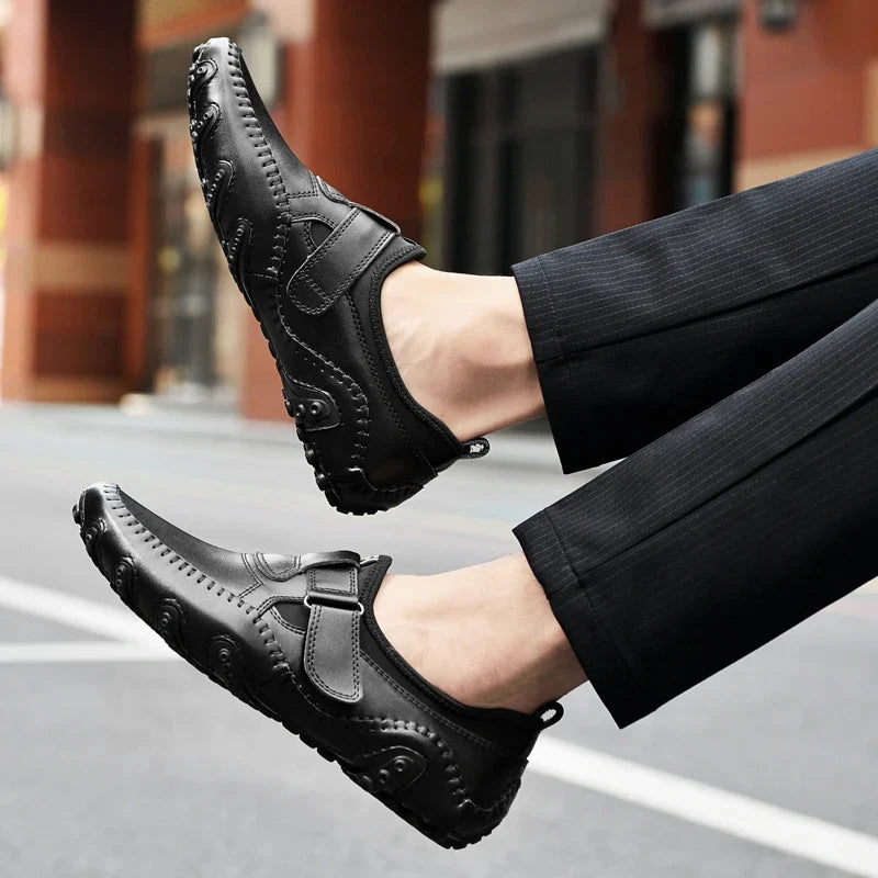 Effortless Leather Driving Loafers for Women with Hook and Loop Strap Hand Stitched Moc Toe Casual Style