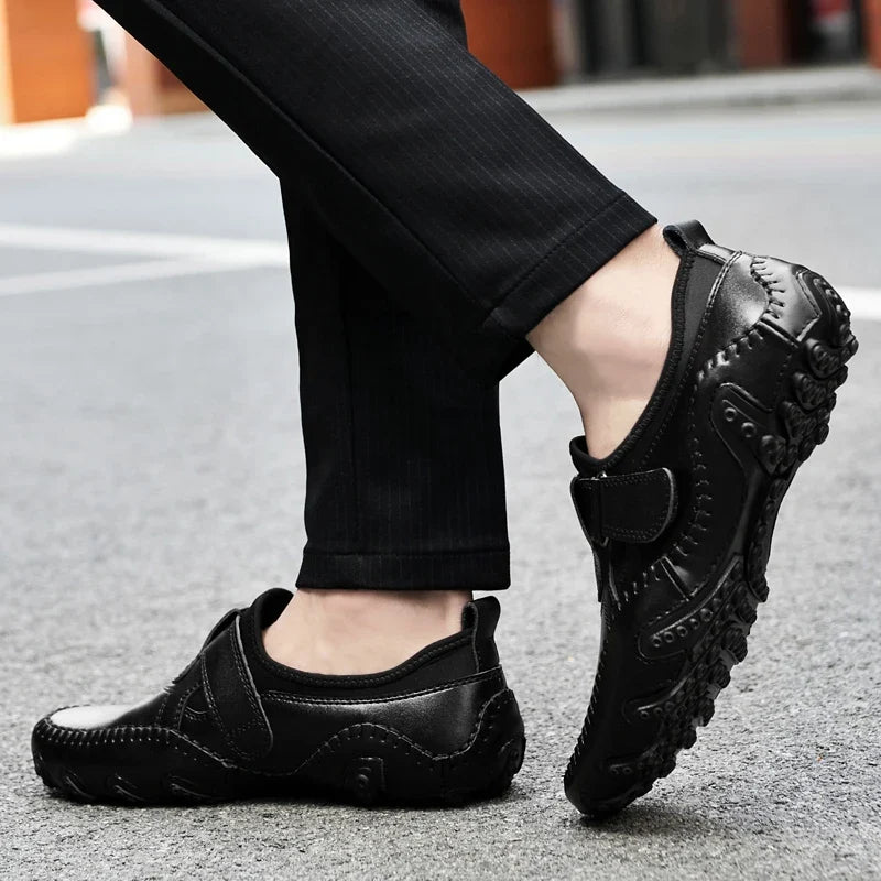 Effortless Leather Driving Loafers for Women with Hook and Loop Strap Hand Stitched Moc Toe Casual Style