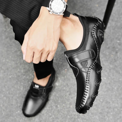Effortless Leather Driving Loafers for Women with Hook and Loop Strap Hand Stitched Moc Toe Casual Style