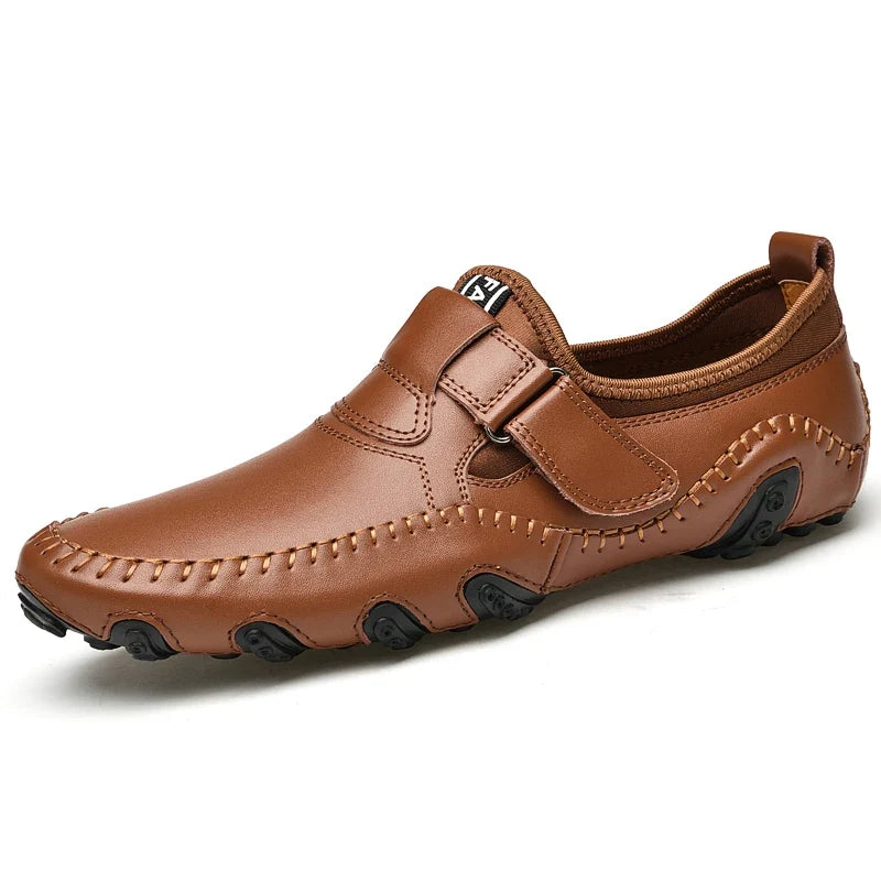 Effortless Leather Driving Loafers for Women with Hook and Loop Strap Hand Stitched Moc Toe Casual Style