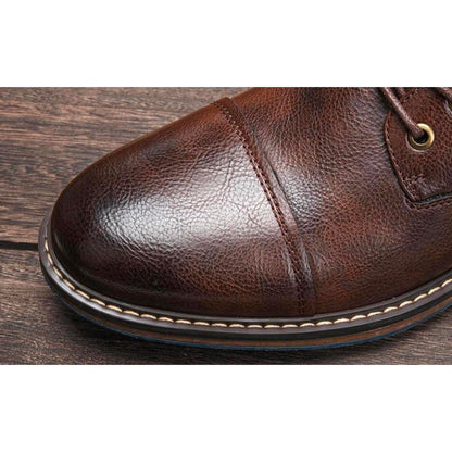 Stylish Brown Leather Combat Boot for Women with Cap Toe Lace Up Side Zip Style