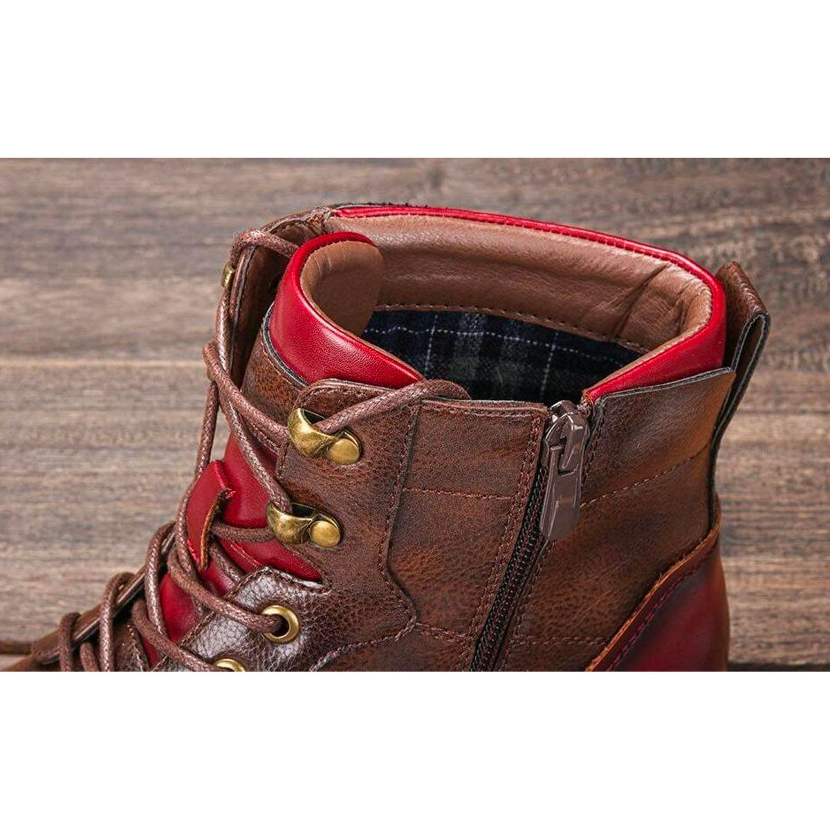 Stylish Brown Leather Combat Boot for Women with Cap Toe Lace Up Side Zip Style