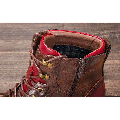 Stylish Brown Leather Combat Boot for Women with Cap Toe Lace Up Side Zip Style