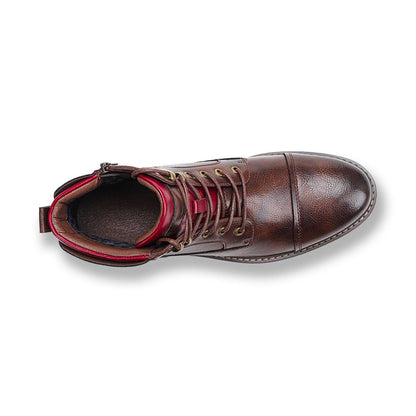 Stylish Brown Leather Combat Boot for Women with Cap Toe Lace Up Side Zip Style