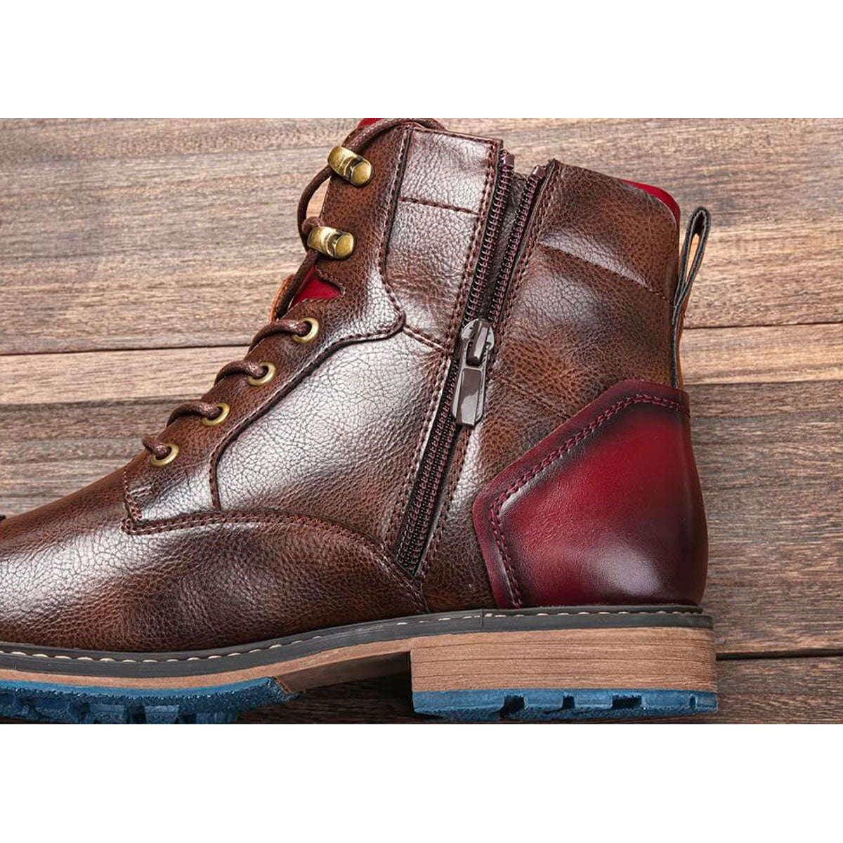 Stylish Brown Leather Combat Boot for Women with Cap Toe Lace Up Side Zip Style