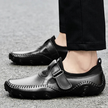 Effortless Leather Driving Loafers for Women with Hook and Loop Strap Hand Stitched Moc Toe Casual Style