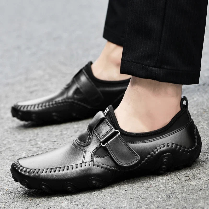 Effortless Leather Driving Loafers for Women with Hook and Loop Strap Hand Stitched Moc Toe Casual Style