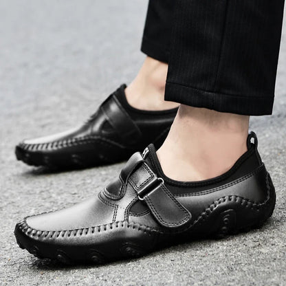 Effortless Leather Driving Loafers for Women with Hook and Loop Strap Hand Stitched Moc Toe Casual Style