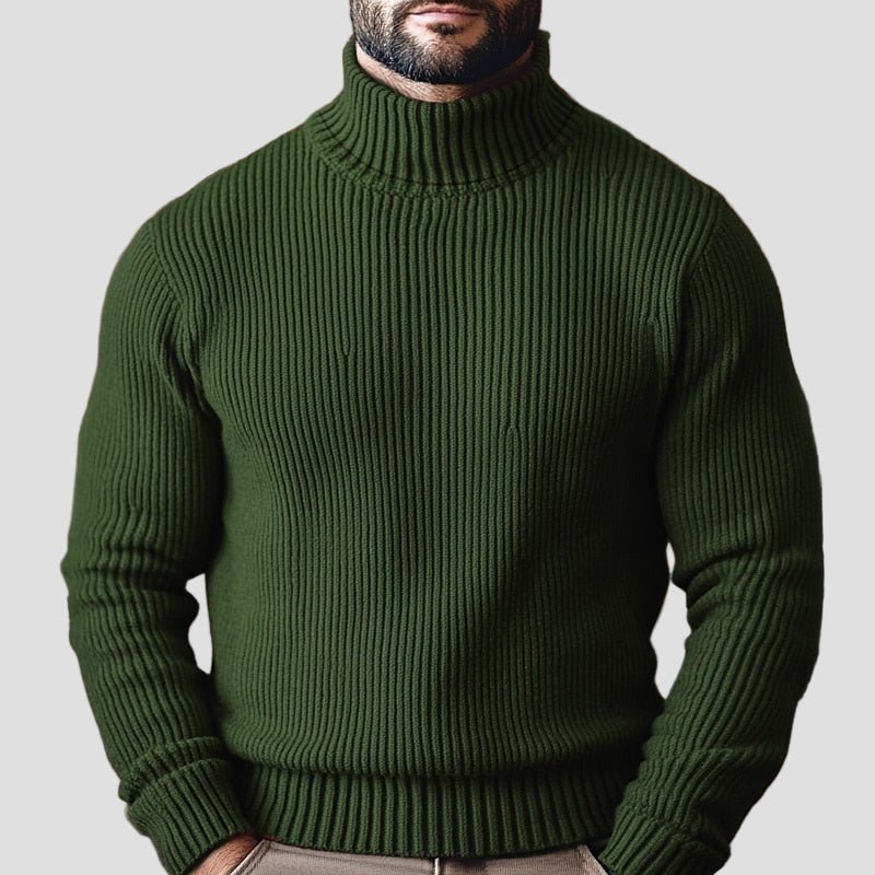 Comfortable Olive Green Ribbed Sweater for Women with High Neck Long Sleeve Fitted Knit Style