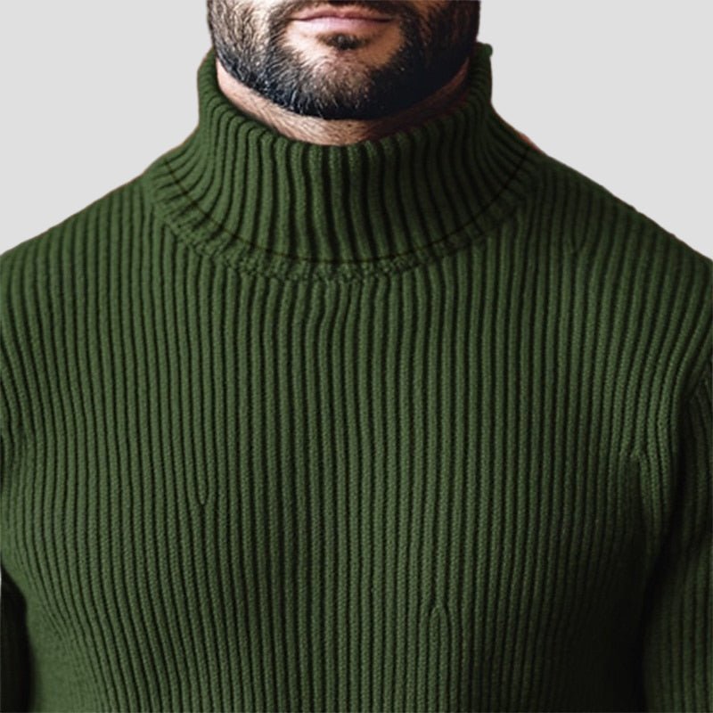 Comfortable Olive Green Ribbed Sweater for Women with High Neck Long Sleeve Fitted Knit Style