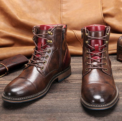 Stylish Brown Leather Combat Boot for Women with Cap Toe Lace Up Side Zip Style