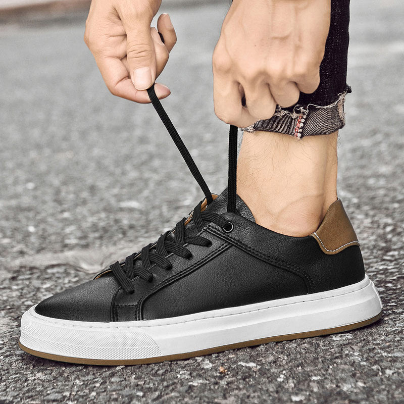 Stylish Leather Fashion Sneaker for Women with Lace Up Round Toe Contrast Heel Casual Style