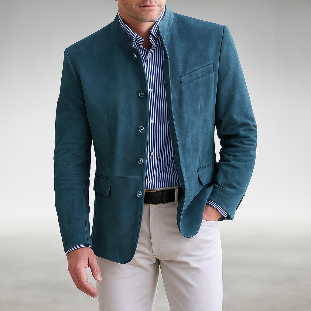 Elegant Suede Blazer for Women with Mandarin Collar Long Sleeve Button Front Tailored Style