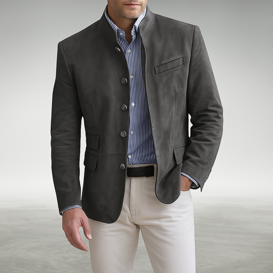 Elegant Suede Blazer for Women with Mandarin Collar Long Sleeve Button Front Tailored Style