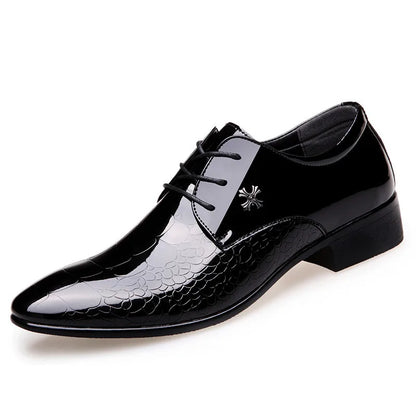 Elegant Black Patent Leather Dress Shoe for Women with Lace Up Pointed Toe Crocodile Embossed Style