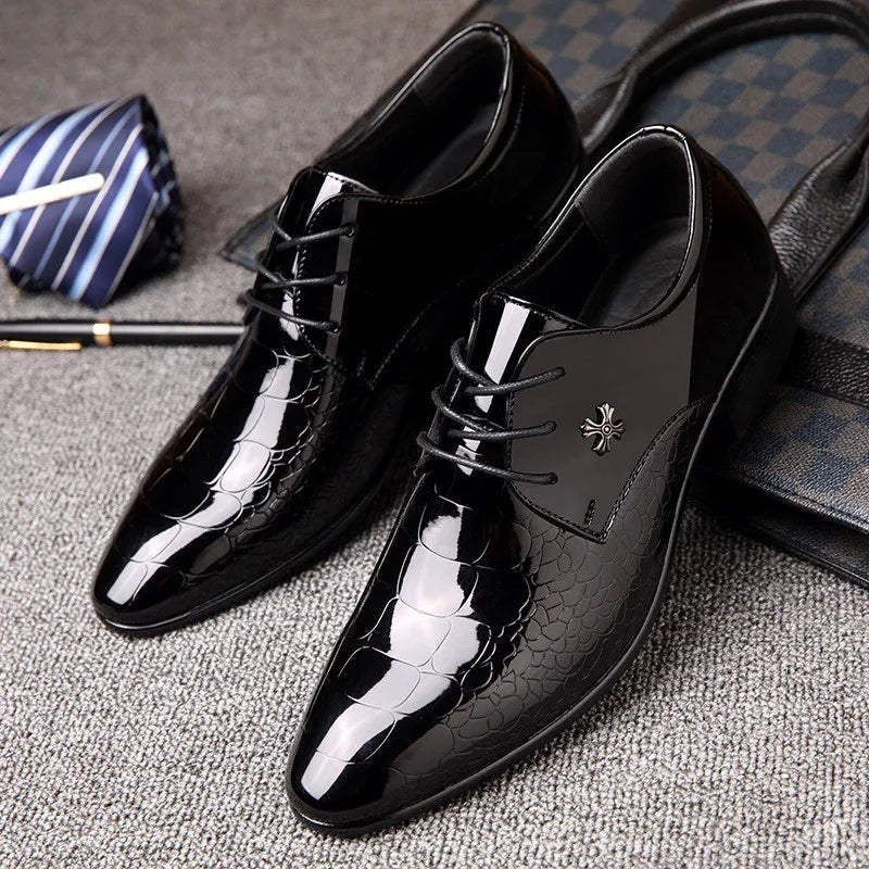 Elegant Black Patent Leather Dress Shoe for Women with Lace Up Pointed Toe Crocodile Embossed Style