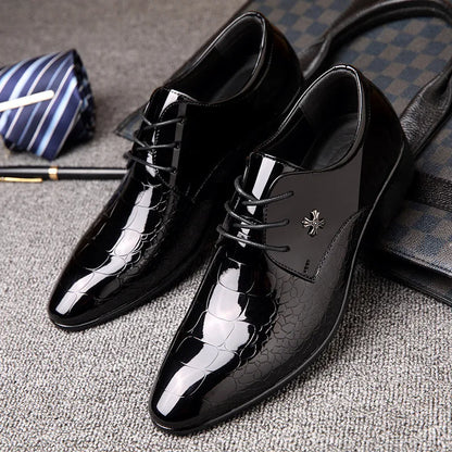Elegant Black Patent Leather Dress Shoe for Women with Lace Up Pointed Toe Crocodile Embossed Style