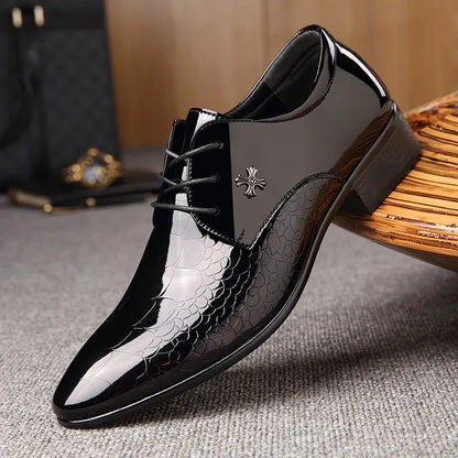Elegant Black Patent Leather Dress Shoe for Women with Lace Up Pointed Toe Crocodile Embossed Style