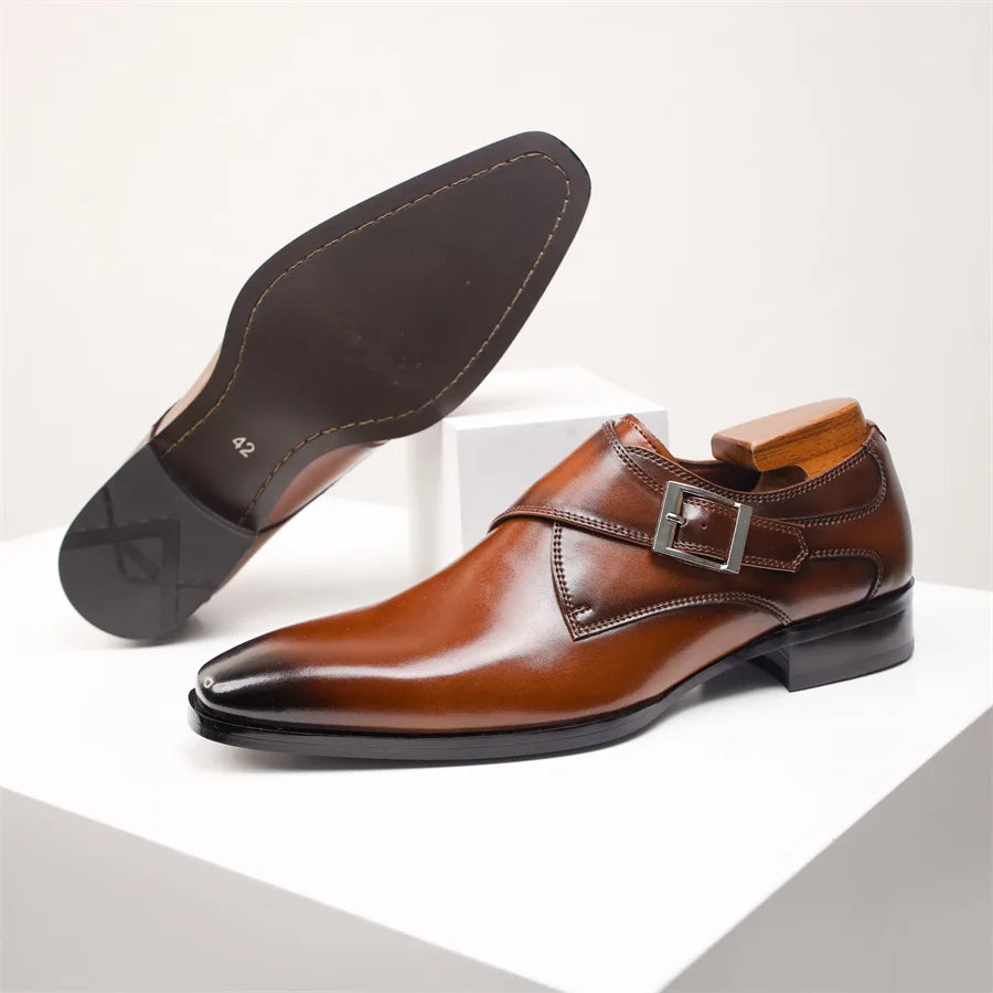 Elegant Leather Monk Strap Shoes for Women with Pointed Toe Silver Buckle Polished Formal Style