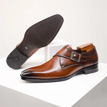 Elegant Leather Monk Strap Shoes for Women with Pointed Toe Silver Buckle Polished Formal Style