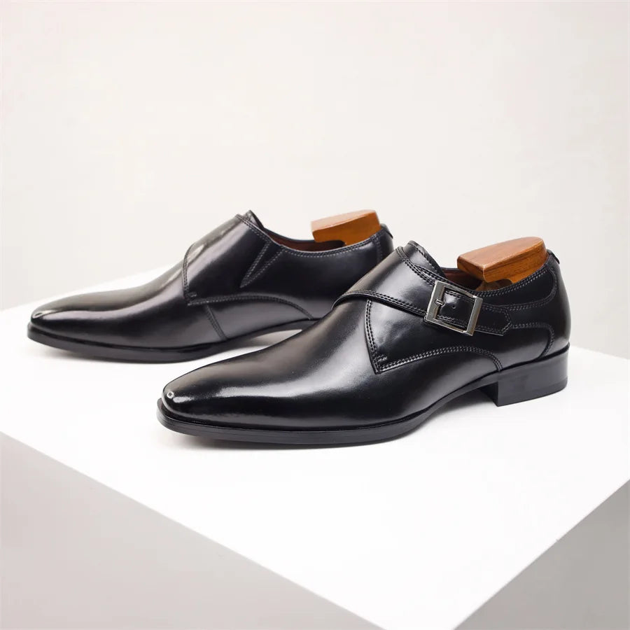 Elegant Leather Monk Strap Shoes for Women with Pointed Toe Silver Buckle Polished Formal Style