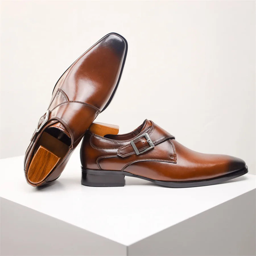 Elegant Leather Monk Strap Shoes for Women with Pointed Toe Silver Buckle Polished Formal Style