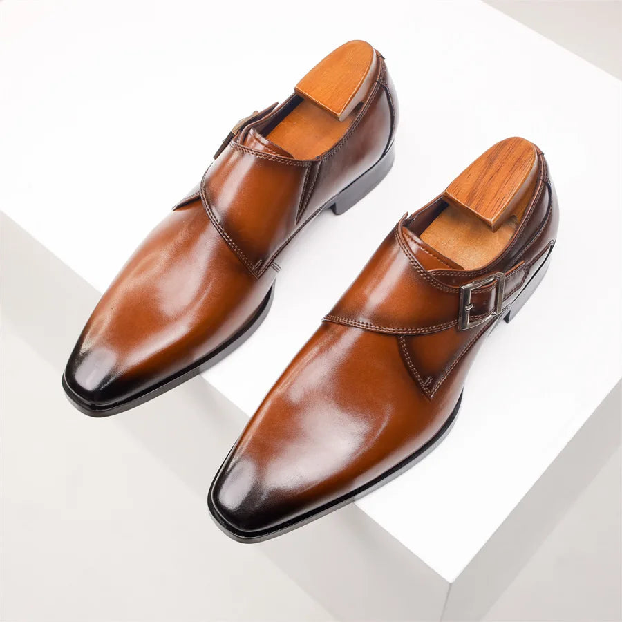 Elegant Leather Monk Strap Shoes for Women with Pointed Toe Silver Buckle Polished Formal Style