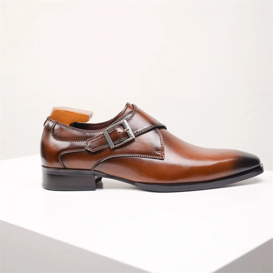 Elegant Leather Monk Strap Shoes for Women with Pointed Toe Silver Buckle Polished Formal Style