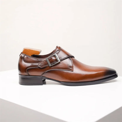 Elegant Leather Monk Strap Shoes for Women with Pointed Toe Silver Buckle Polished Formal Style