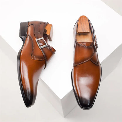 Elegant Leather Monk Strap Shoes for Women with Pointed Toe Silver Buckle Polished Formal Style