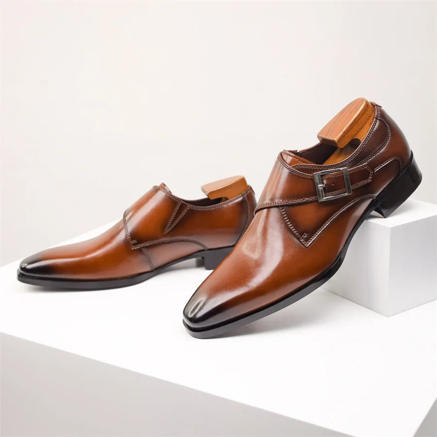 Elegant Leather Monk Strap Shoes for Women with Pointed Toe Silver Buckle Polished Formal Style