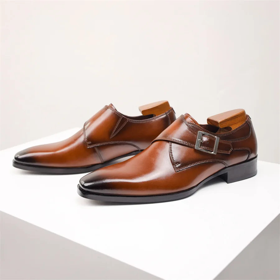 Elegant Leather Monk Strap Shoes for Women with Pointed Toe Silver Buckle Polished Formal Style