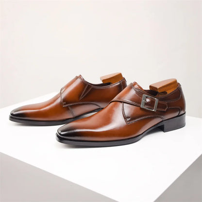 Elegant Leather Monk Strap Shoes for Women with Pointed Toe Silver Buckle Polished Formal Style