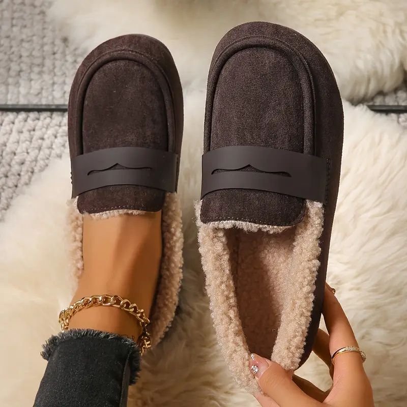 Comfortable Slippers for Women with Faux Shearling Lining Suede Look Moccasin Slip On Style