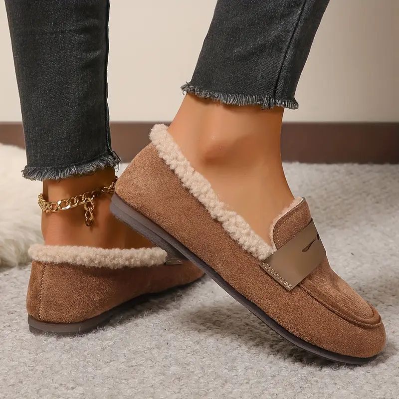 Comfortable Slippers for Women with Faux Shearling Lining Suede Look Moccasin Slip On Style