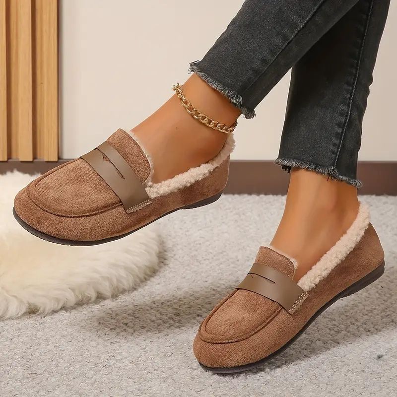 Comfortable Slippers for Women with Faux Shearling Lining Suede Look Moccasin Slip On Style