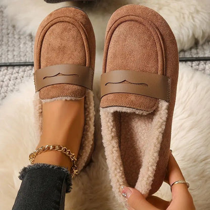 Comfortable Slippers for Women with Faux Shearling Lining Suede Look Moccasin Slip On Style