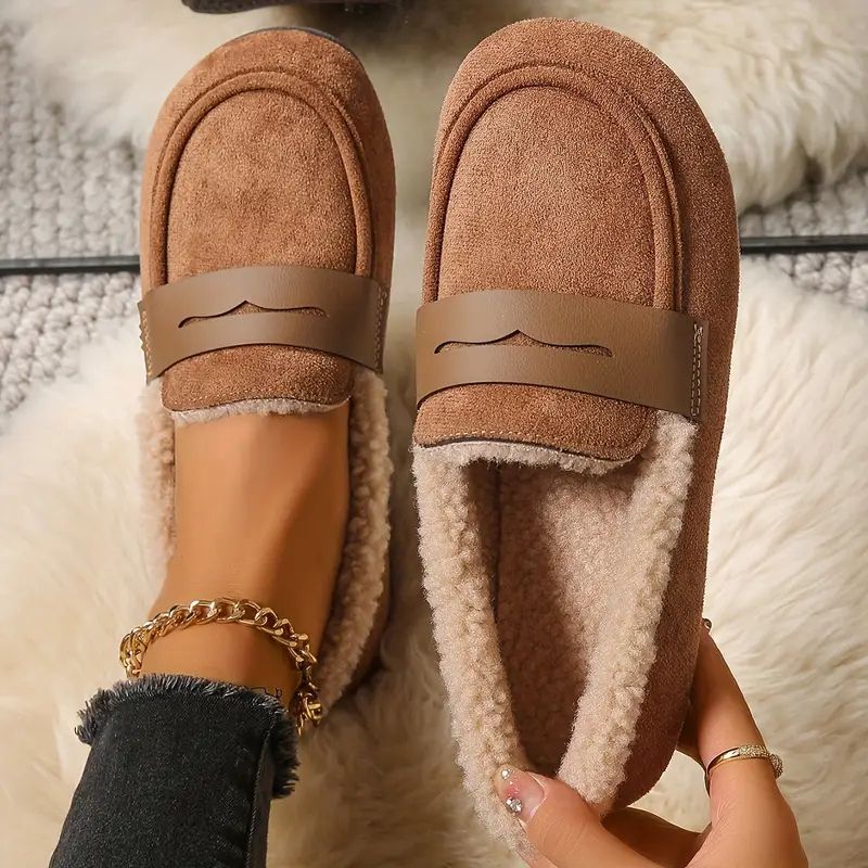 Comfortable House Shoes for Women with Faux Fur Lining Suede Look Loafer Slip On Style
