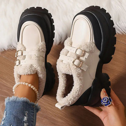 Comfortable Mary Jane Shoes for Women with Faux Fur Trim Double Buckle Strap Chunky Lug Platform Style