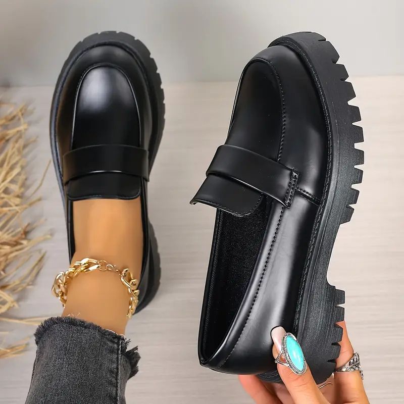Comfortable Black Loafers for Women with Chunky Lug Sole Penny Strap Slip On Platform Style