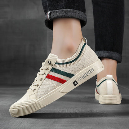 Stylish Knit Sneaker for Women with Lace Up Low Top Striped Trim Casual Style